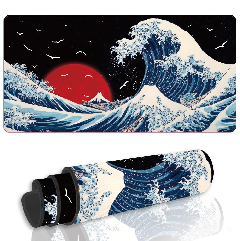 WEBEEDY Large Gaming Mouse Pad for Desk, Japanese Sea Wave Keyboard Pad with Non-Slip Base Extended Big Mouse Mat for PC Computer Laptop Work Home Office Decor, 80x40 cm