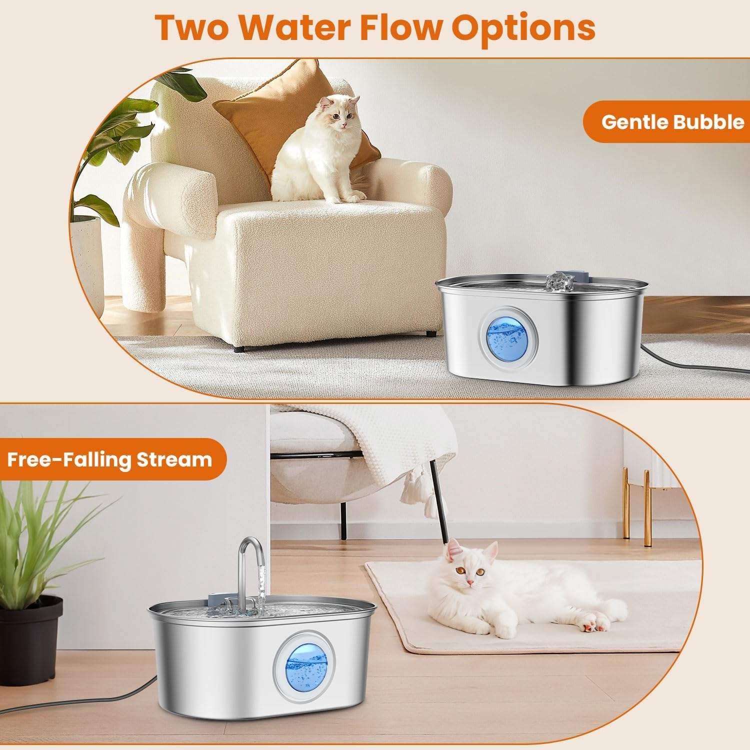 Foliam® Cat Water Fountain - 3.2L/108oz Stainless Steel Pet Water Drinking Fountain for Cats Indoor, Dog Water Fountain with Water Level Window (Steel, Rectangle 3L-1) 3