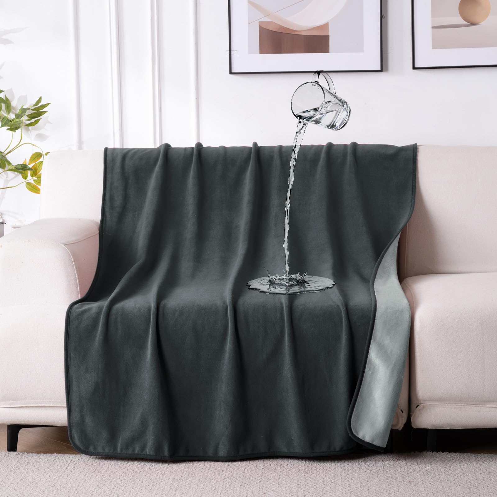 QIYI Waterproof Blanket for Bed Couch Sofa, Small Washable Reversible Flannel Throw, Leakproof Spill-Proof Mattress & Furniture Protector for Pets Dogs Cats, 102x153cm, Dk Grey/Lt Grey