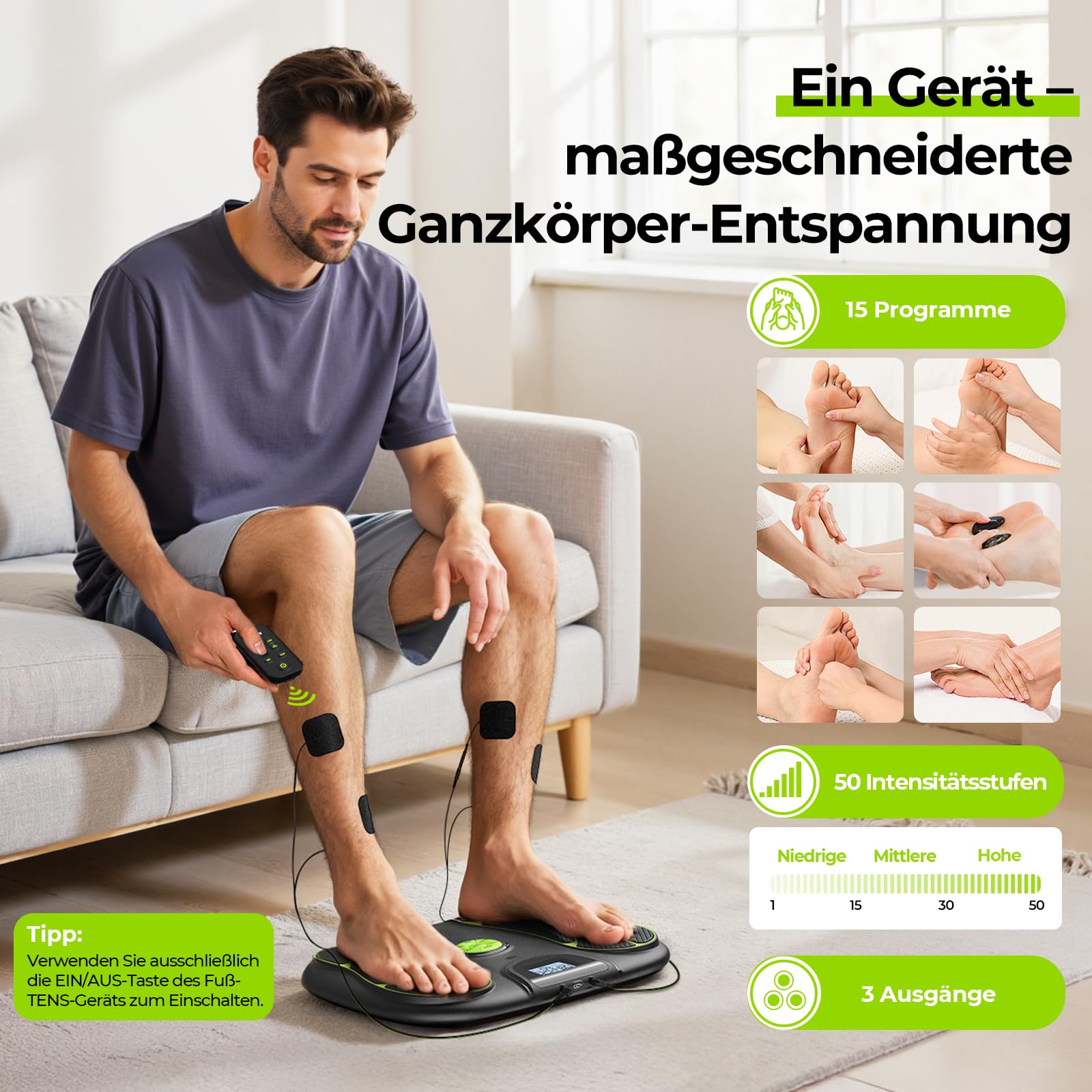 AUVON Fussmassagegerät & Durchblutungs-Stimulator für Fuß- & Beinschmerzen | TENS-Gerät mit 15 Modi & 50 Intensitätsstufen für medikamentenfreie Schmerzlinderung, EMS-Muskelstimulator mit 8 TENS-Pads