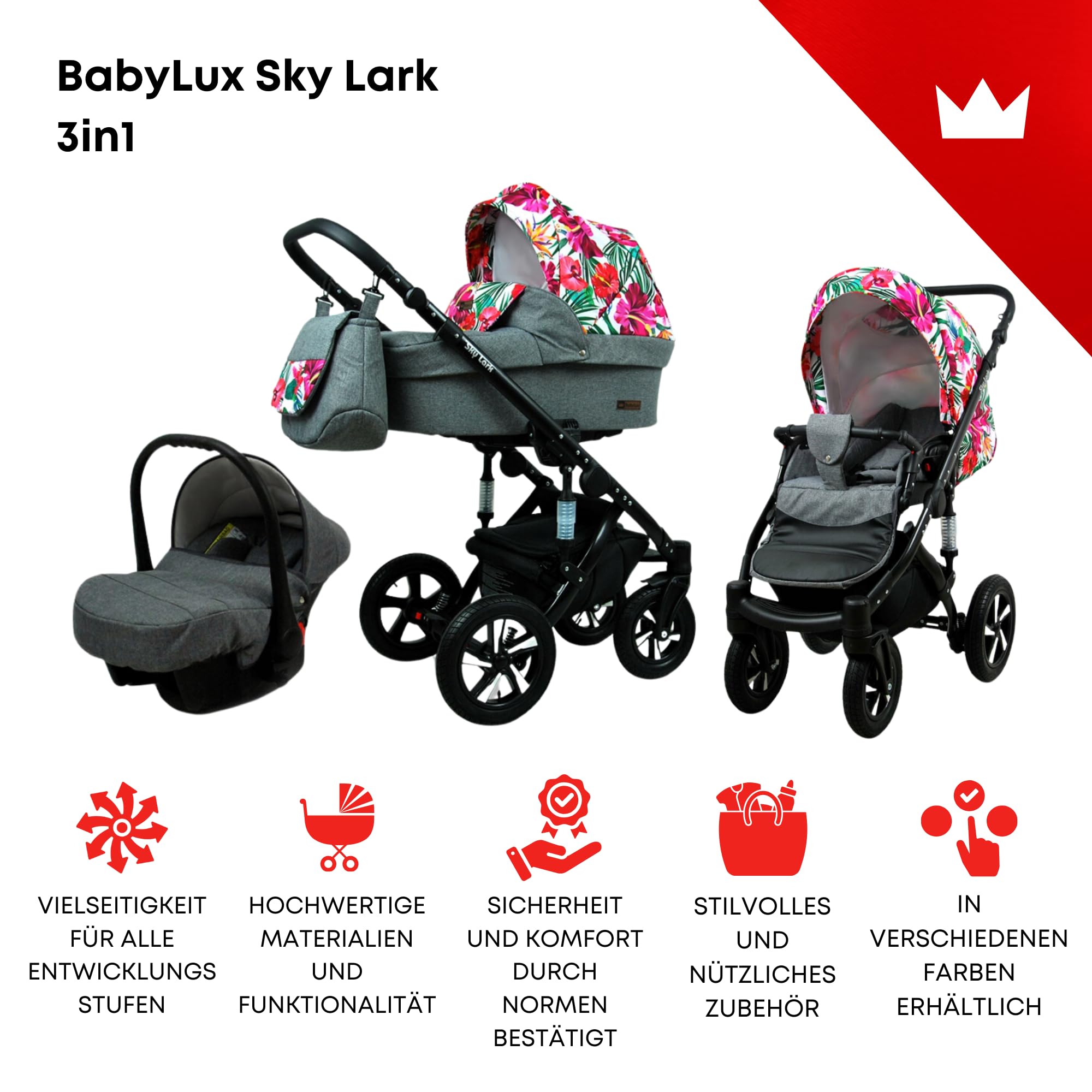 BabyLux® Kinderwagen Set 3 in 1 - Sky Lark - incl. Babywanne, Buggy Sportsitz, Auto-Babyschale - Autositz - Kinderwagenset - Kombikinderwagen mit Wickeltasche, Regenschutz usw.