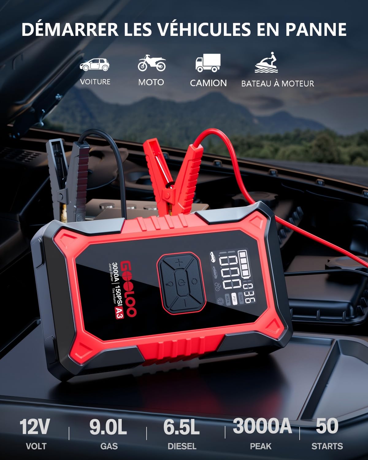 GOOLOO A3 Démarreur de Batterie Voiture 3000A avec Compresseur 150 PSI et Power Bank, Booster Portable pour Véhicules 12V (Jusqu'à 9.0L Essence/6.5L Diesel), Écran Digital et LED