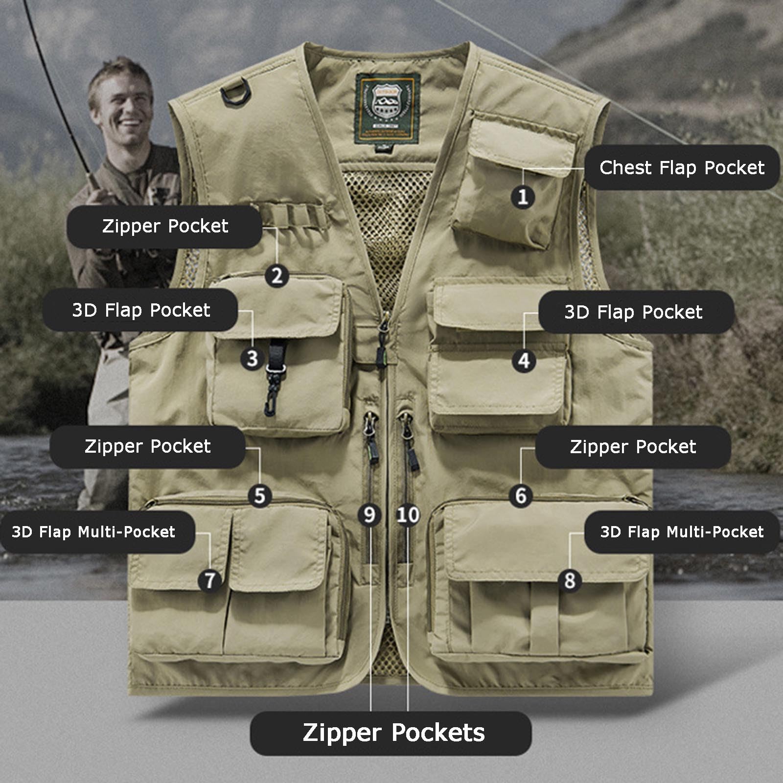 Tactical Vest for Men, Outdoor Work Safari Fishing Vests,Summer Lightweight Utility Cargo Jacket with Multi Pockets — view 8