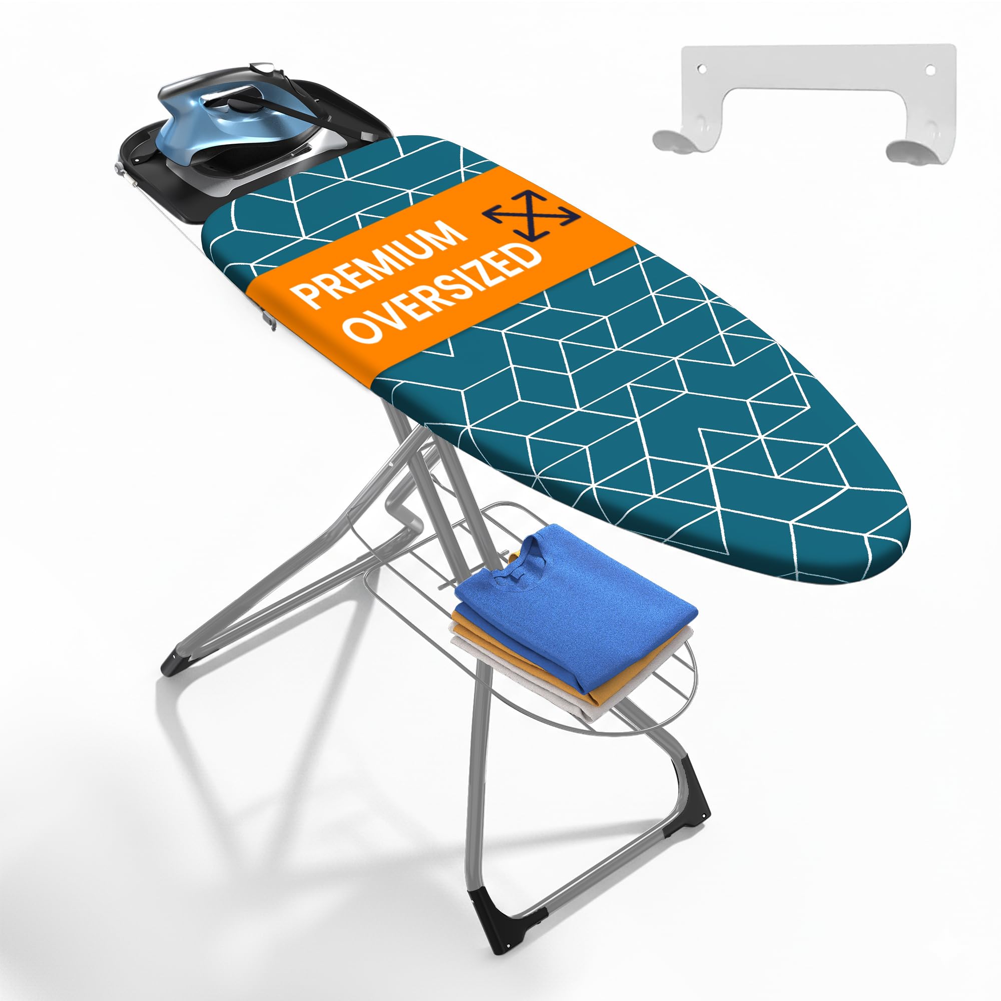 xabitat extra wide ironing board 60" x 20" with wheels & wall mount hanger | full metal iron board | built in iron caddy | heat & scorch resistant cover| heavy duty | wide leg