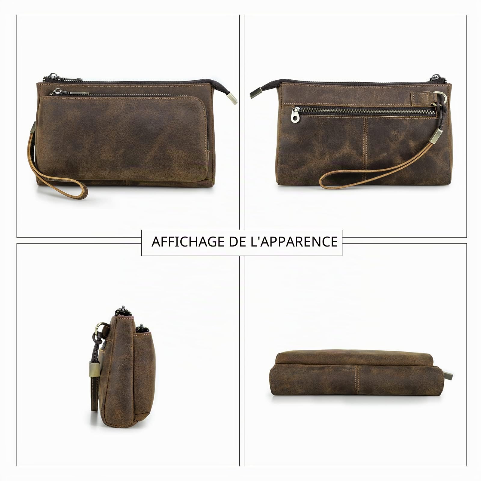 Contacts Embrayage de voyage pour hommes en cuir véritable avec sangle de main, RFID serrure de passeport sac marron, sac d'embrayage de téléphone de grande capacité pour hommes, Caffé1035