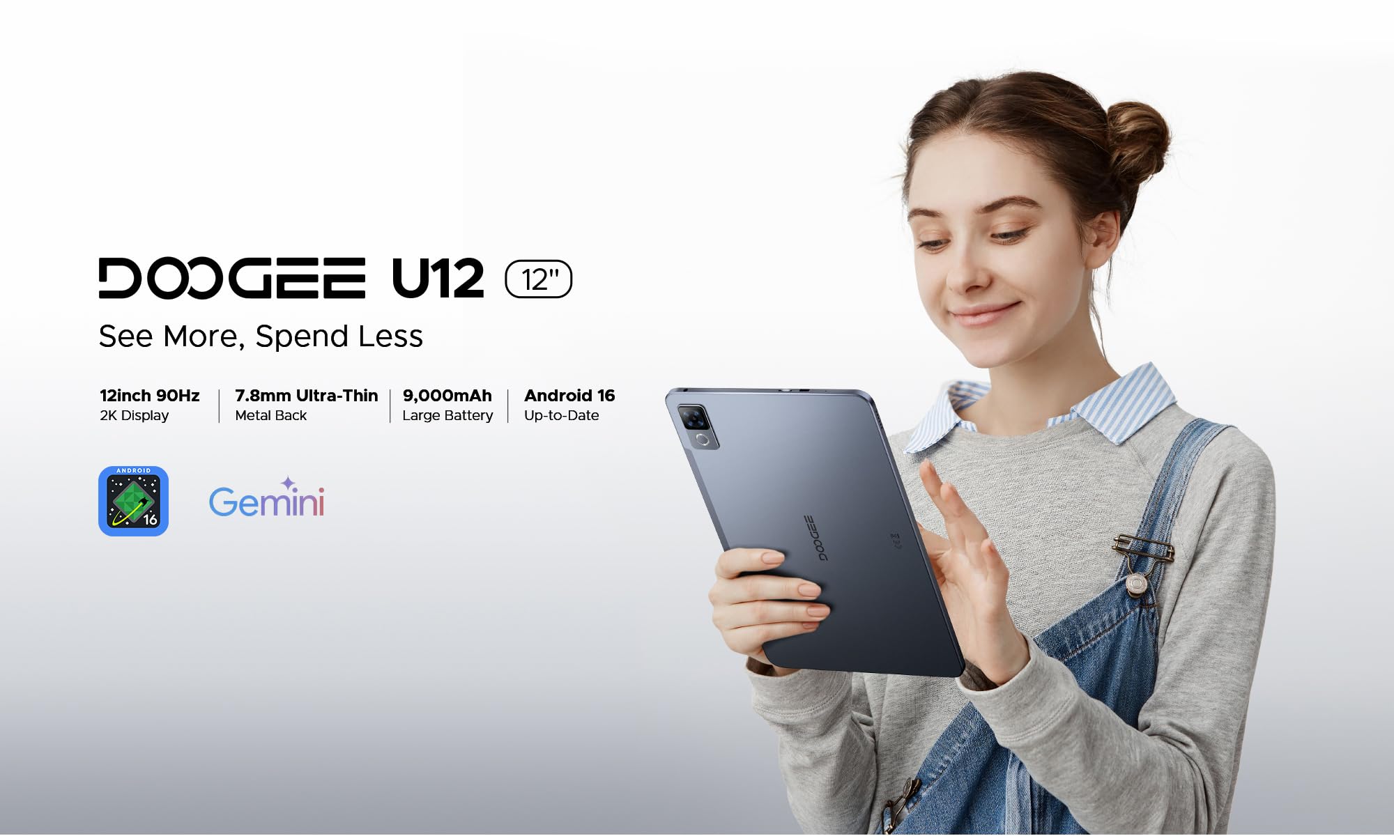 U12 tablet z systemem Android 16 AI, wyświetlacz 12" 2K FHD+ (metalowa obudowa 7,8 mm), 24 GB + 128 GB (2 TB zewnętrzne), akumulator 9000 mAh, tablety z systemem Android 5G WiFi, Gemini AI, kamera AI