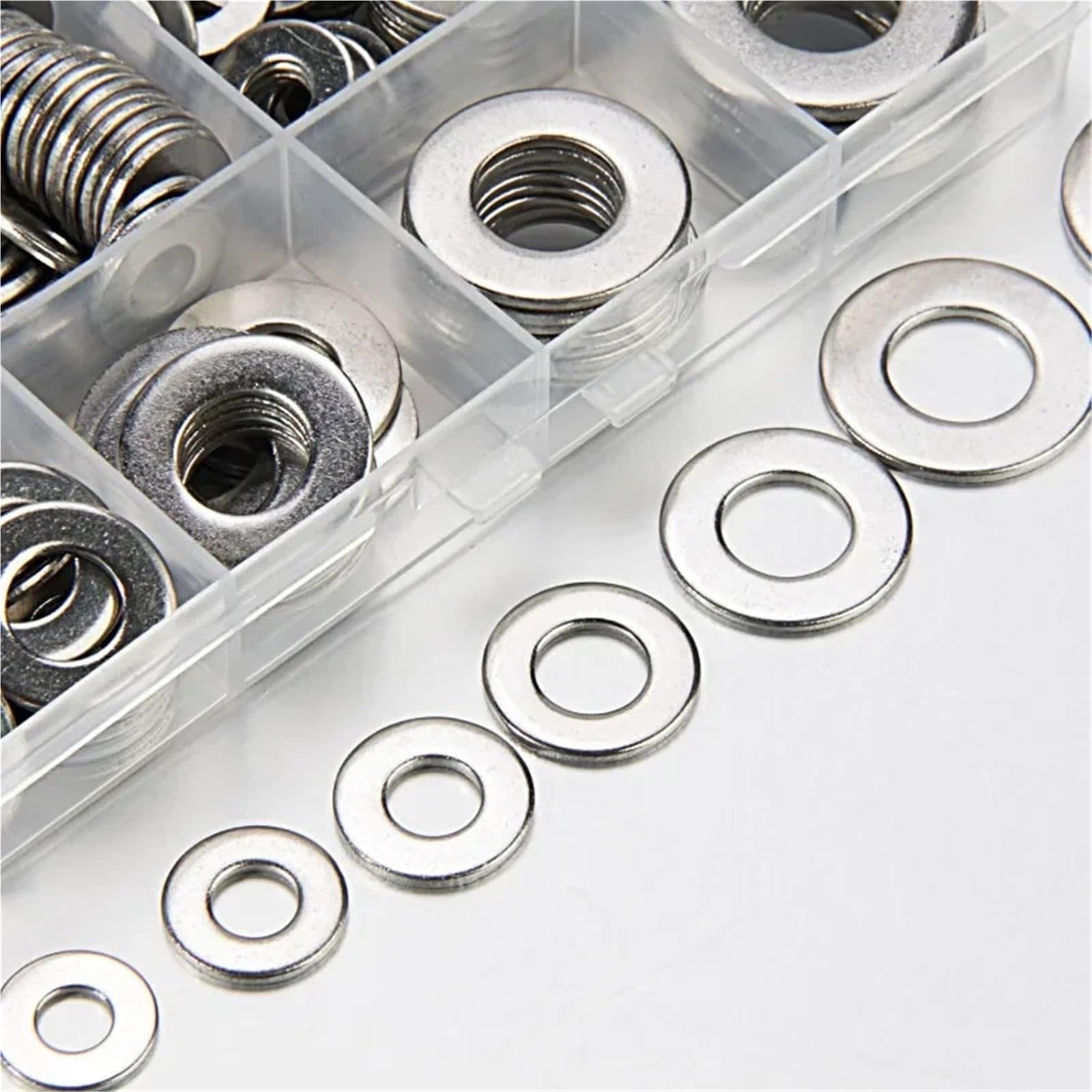 Arandelas Metalicas Juego de arandelas planas de acero inoxidable M2-M16 304, tornillos de sujeción de junta tórica de Metal, Kits surtidos de Hardware de junta lisa(1080Pcs with box)