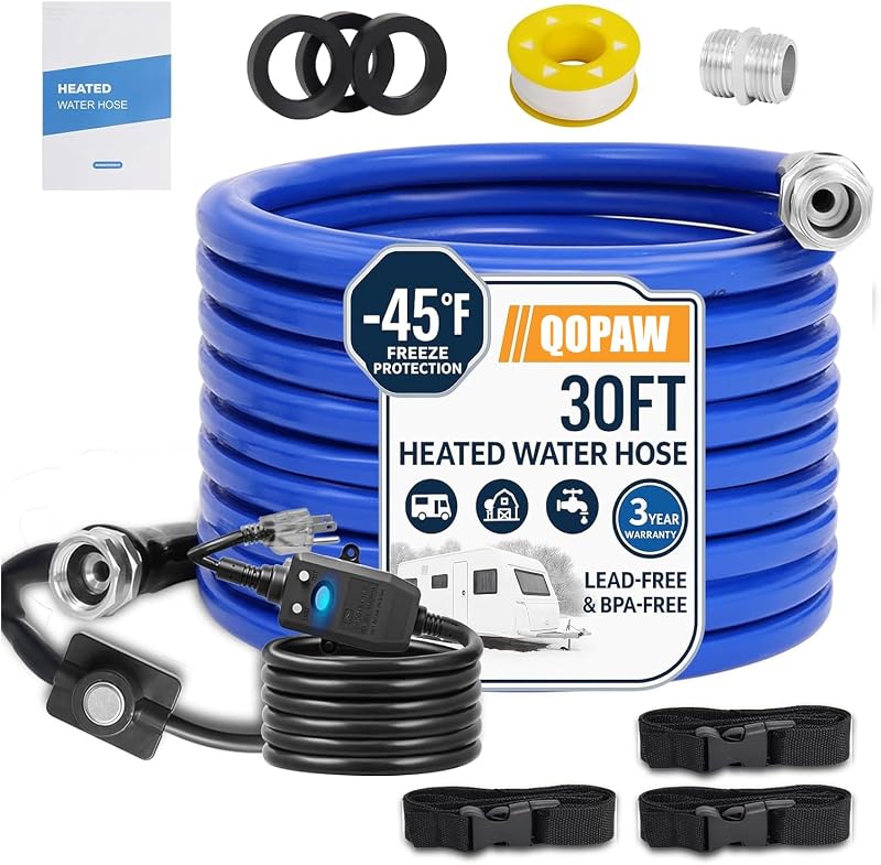 30FT Heated Water Hose for RV, -45°F Freeze Protection, 5/8-Inch ID 450 PSI