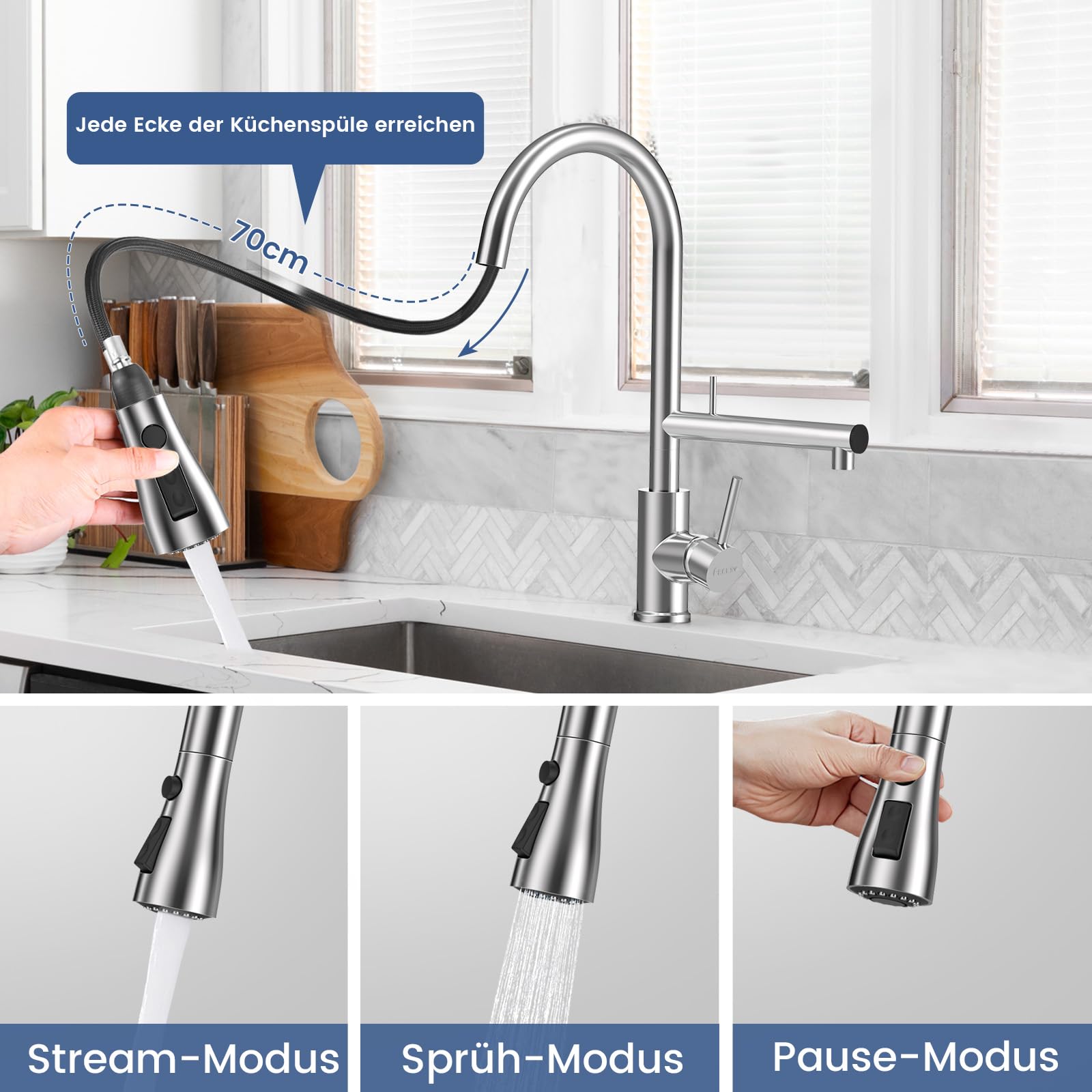 FEELSO Küchenarmatur Ausziehbar mit Filter für Trinkwasser Kochen & Spülen | 2 Wege Hochdruck Wasserhahn Küche mit 2 Strahlarten, 360°Drehbar, Entfernt Chlor,Schwermetalle, schlechten Geschmack,Bleifrei