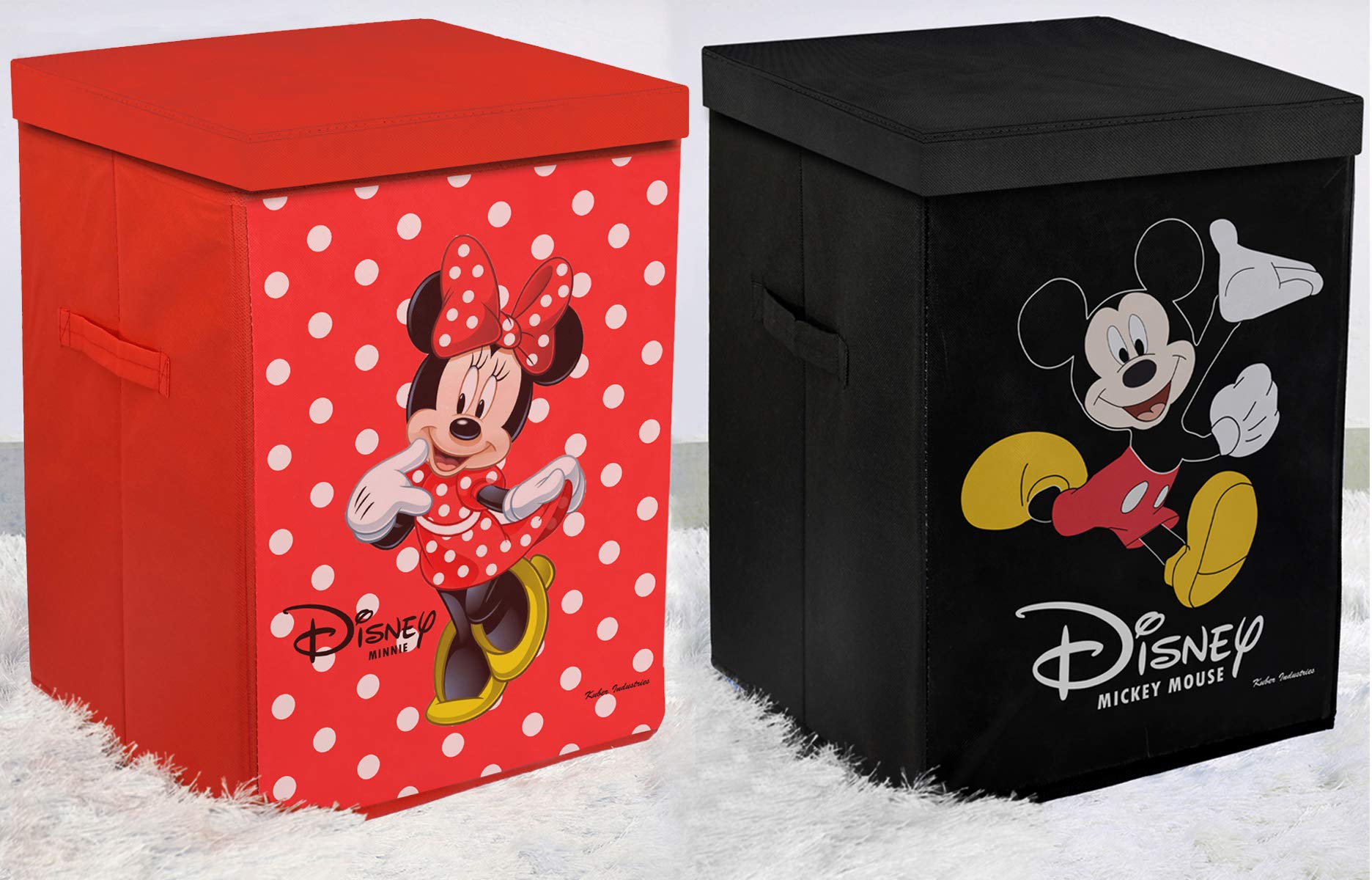 Fun Homes Disney Minnie Mickey Mouse Print Non Woven Fabric Foldable Laundry Basket, Toy Storage Basket, Cloth Storage Basket with Lid & Handles (Set Of 2, Black & Red)