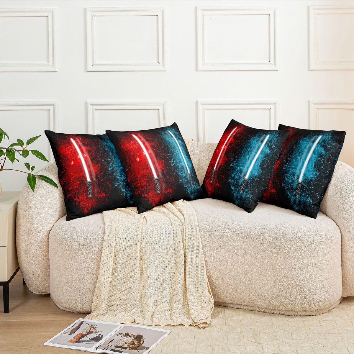 Feelyou Lightsaber Throw Pillow Covers 24"x24" Set of 2 Soft Red Blue Cool Design Pillow Cases Cushion Covers for Living Room Bedroom Tie Dye Decorative Throw Pillowcases for Sofa Couch Chair