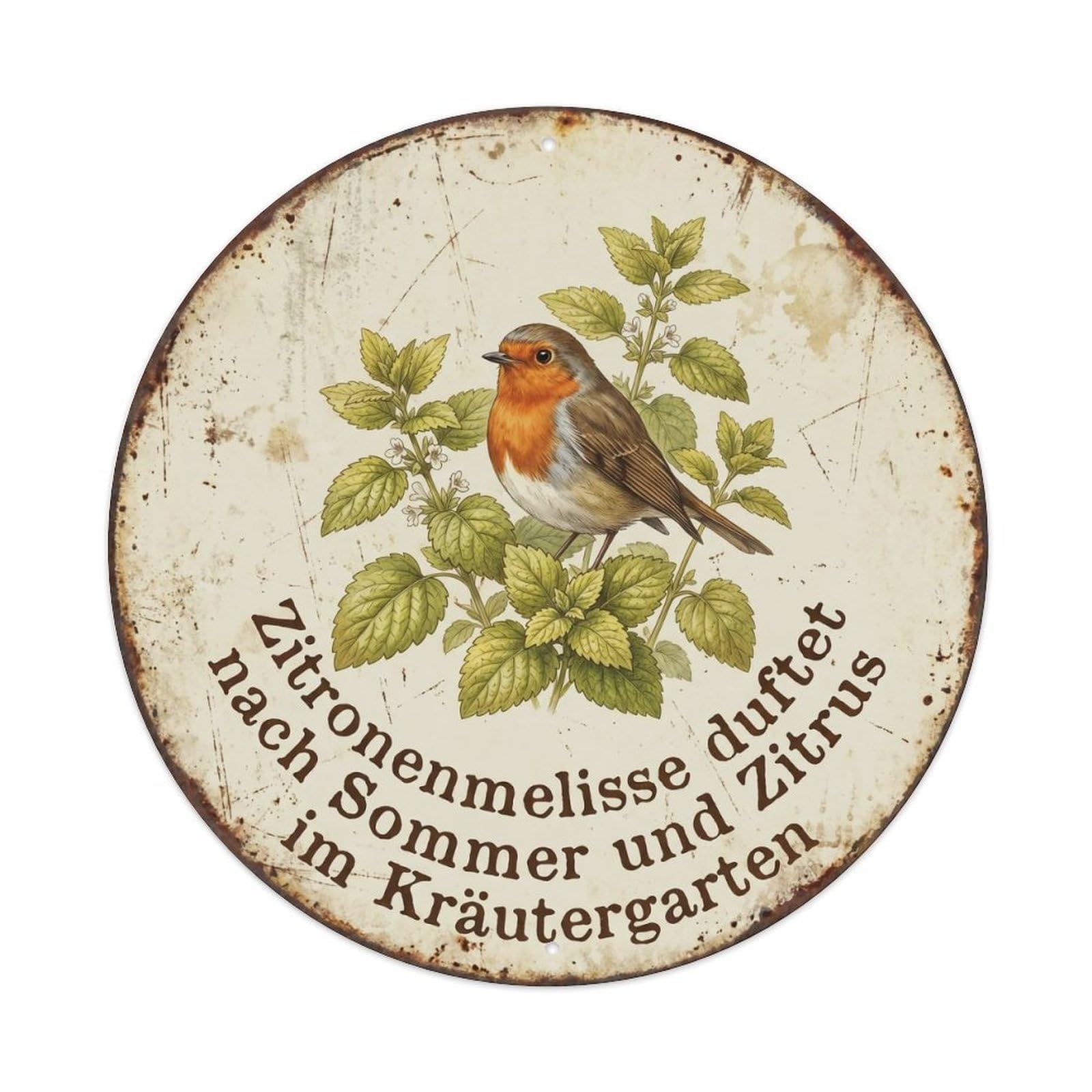 Robin Bird Garden Quote Lemon Balm CircleMetal Tin Sign