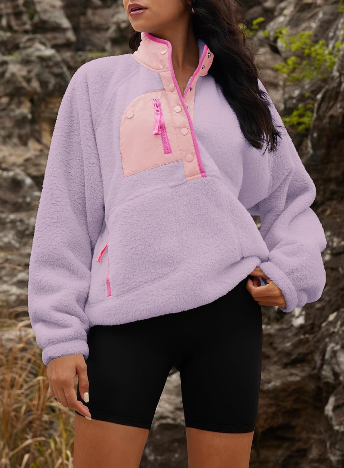 Yanekop Womens Fuzzy Fleece Pullover Sherpa Sweatshirt Long Sleeve Button Down Sweater Winter Fleece Jacket with Pockets - Image 3