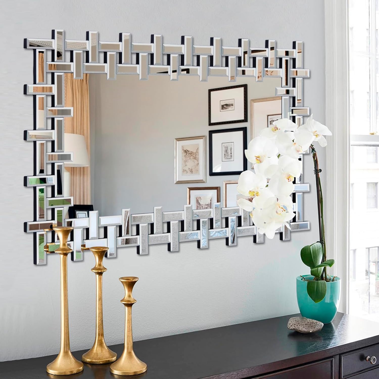 Large Decorative Wall Mirror, 40'' X 28'' Elegant Living Room Mirror with Beveled Mirrored Frame, Rectangular Accent Mirror for Entryway, Bathroom, Dining Room