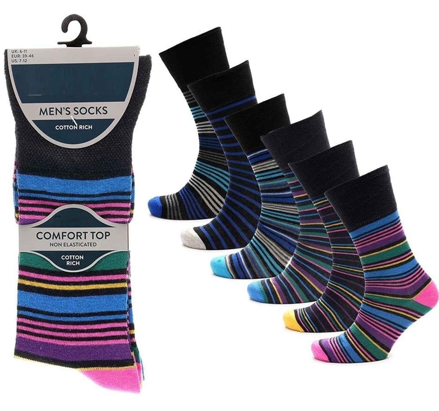 OnlyBee 6 Pairs of Mens Cotton Rich Very Soft Socks with Non-Elastic Cuff Diabetic Wide Loose Top Toe Bright Novelty Stripes UK 6 to 11
