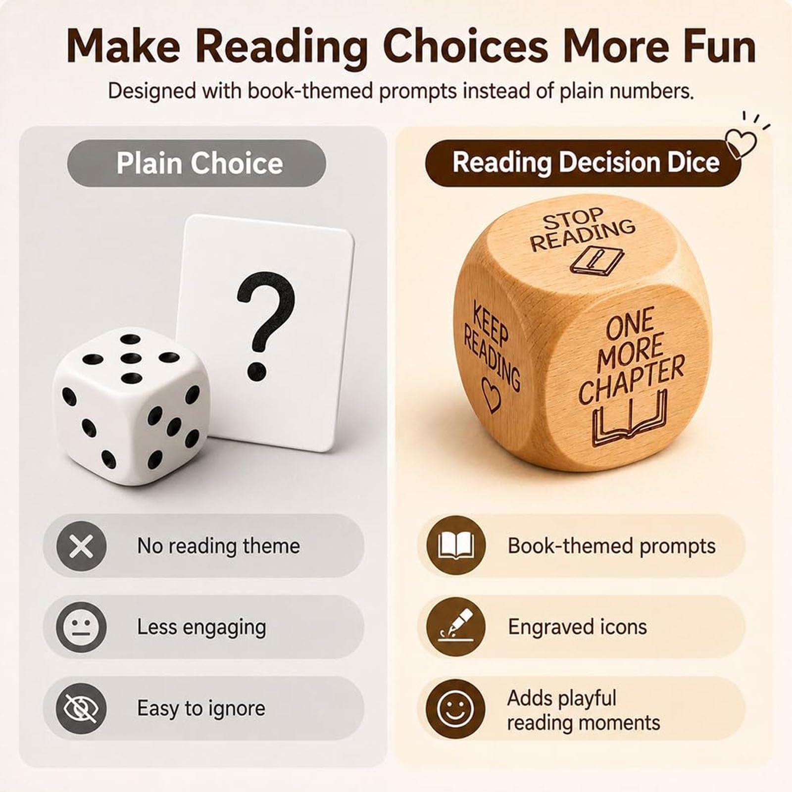 Dados de decisión de Lectura de Madera, Dados de 6 Caras, Cubo de decisión de Lectura de Madera para Amantes de los Libros, Regalos de ratón de Biblioteca (8pcs)
