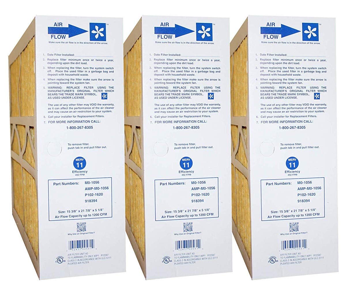 16x20x5 (Actual Size: 15-3/8 x 21-7/8 x 5-1/4 MERV 11 GOODMAN, ELECTRO-AIR, FIVE SEASONS, CARRIER, AMANA 16X20 MEDIA FILTERS CASE OF 3 FILTERS, PRIME OEM PRODUCT c