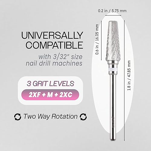 Miniatura 55 de PANA Broca de carburo de uñas 5 en 1 – Uso de rotación bidireccional para zurdos y diestros – acrílico de eliminación rápida o gel duro – vástago