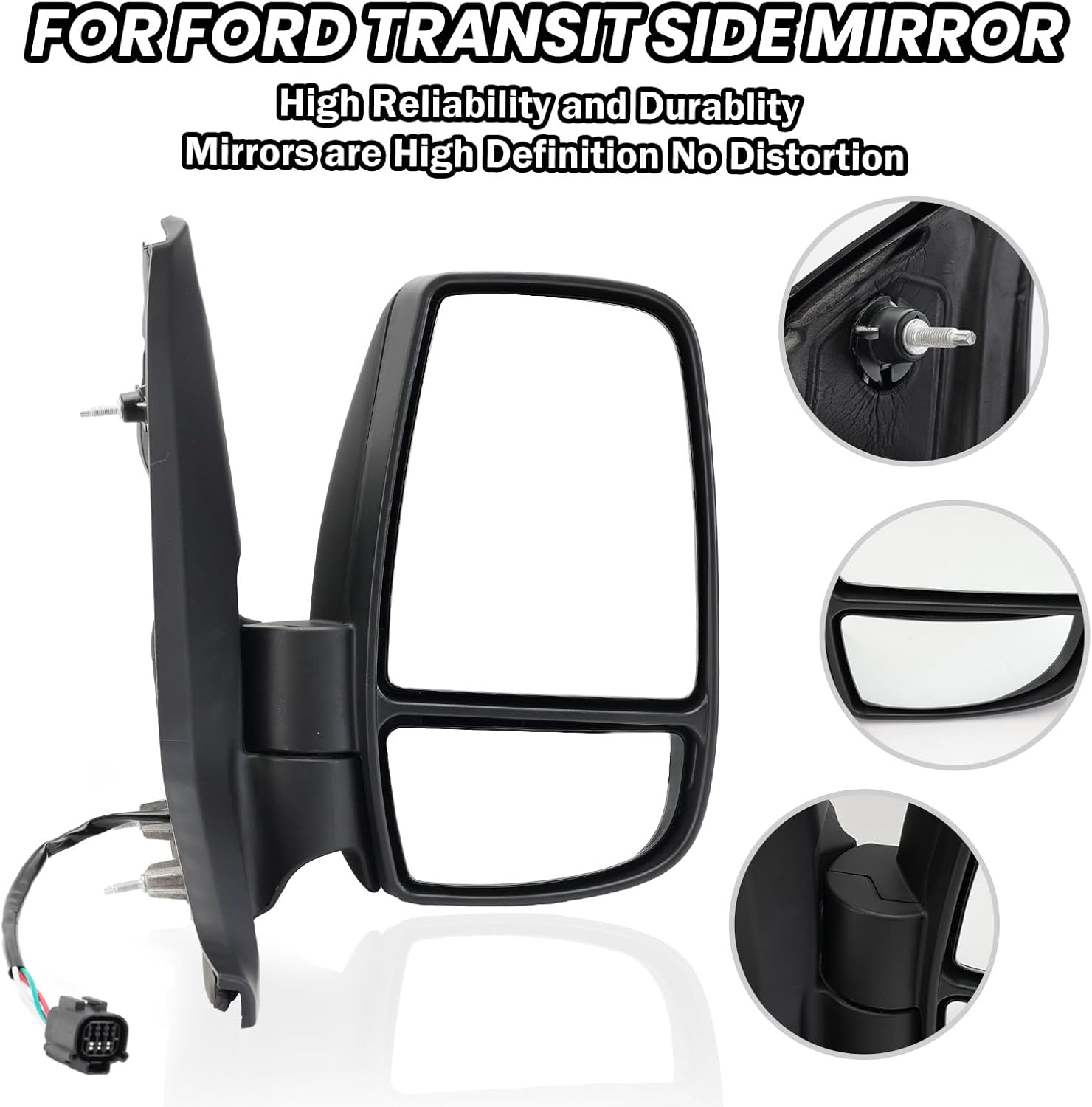 Passenger Side Mirror,Mirror Compatible with 2015-2025 Ford Transit 150 250 350 350 HD,Transit Side View Power Glass Towing Without Signal Light Non Heated,Black(Short Arm)