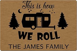 Magimagine Custom Camper Door Mat with Name,Personalized This House We Roll Doormat, Camping Rv Rugs ,Camper Accessories for Travel Trailers Motorhomes Inside or Outside ,24X16 inches Multi6