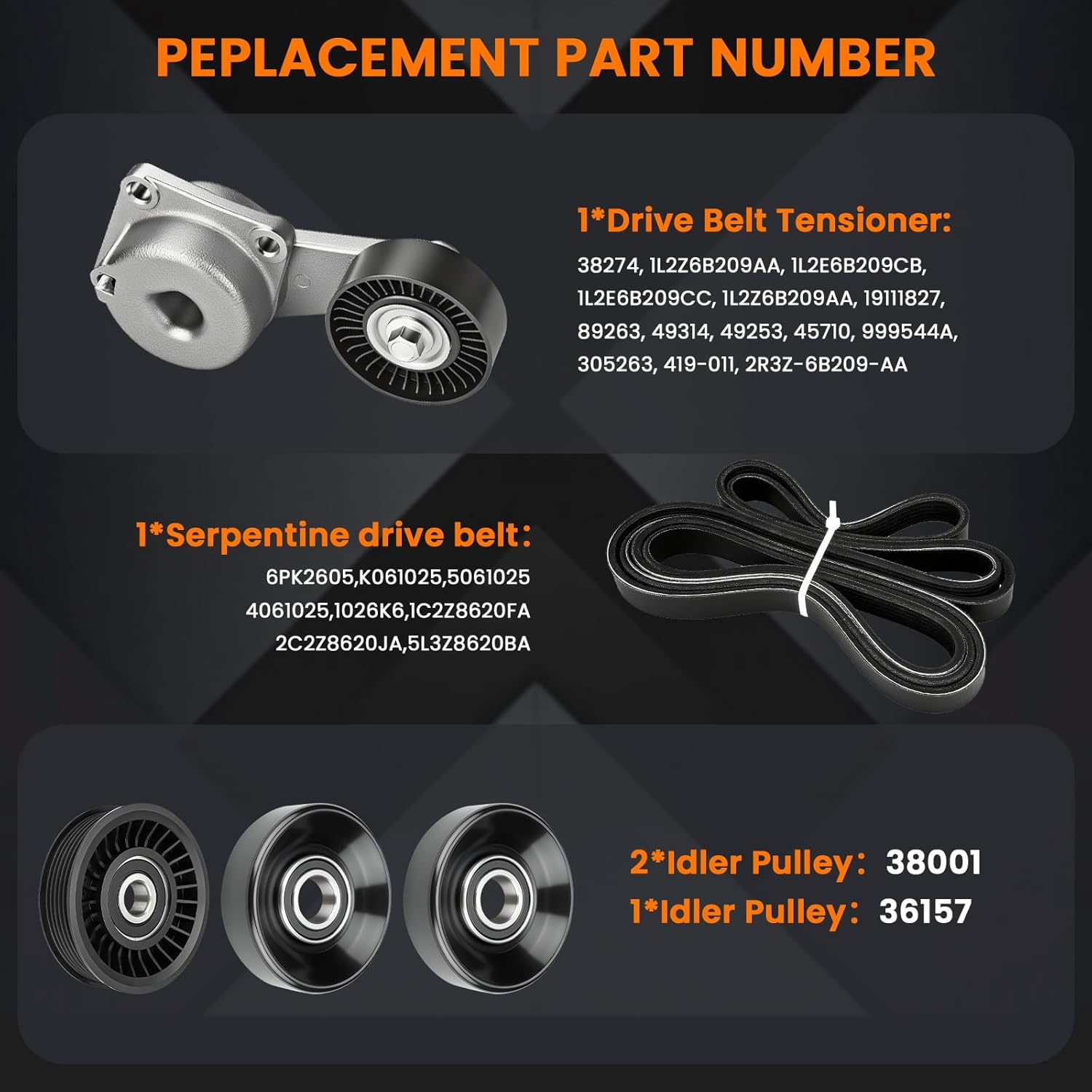 Engine Serpentine Belt Drive Tensioner Pulley Component Kit Compatible with 2005-2014 Ford F-150 F-250 F-350 Explorer Explorer Sport Trac Expedition Lincoln Navigator 4.6L 5.4L Replaces 90K-38274A