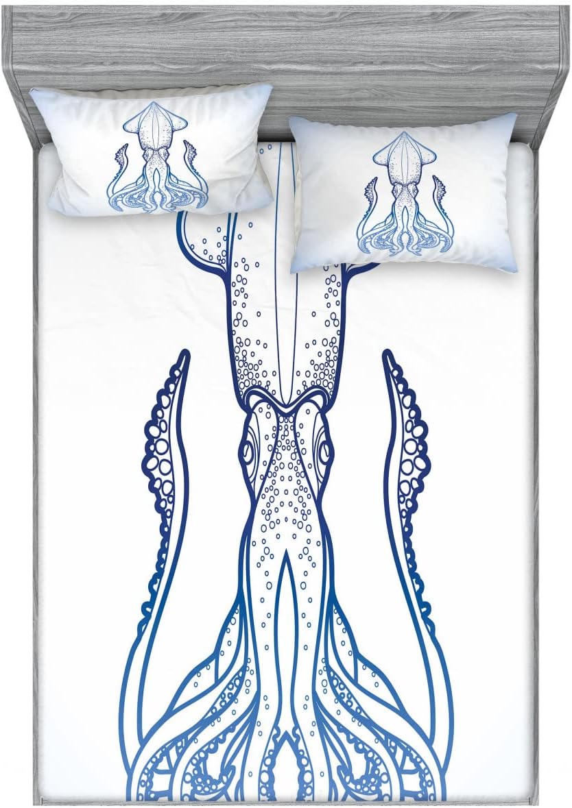 Ambesonne Kraken Fitted Sheet & Pillow Sham Set, Squid in Classic Line Art Styled Graphic Nautical Marine Sea Creature Image Art, Decorative Printed 6 Piece Bedding Decor Set, Queen, Blue and White