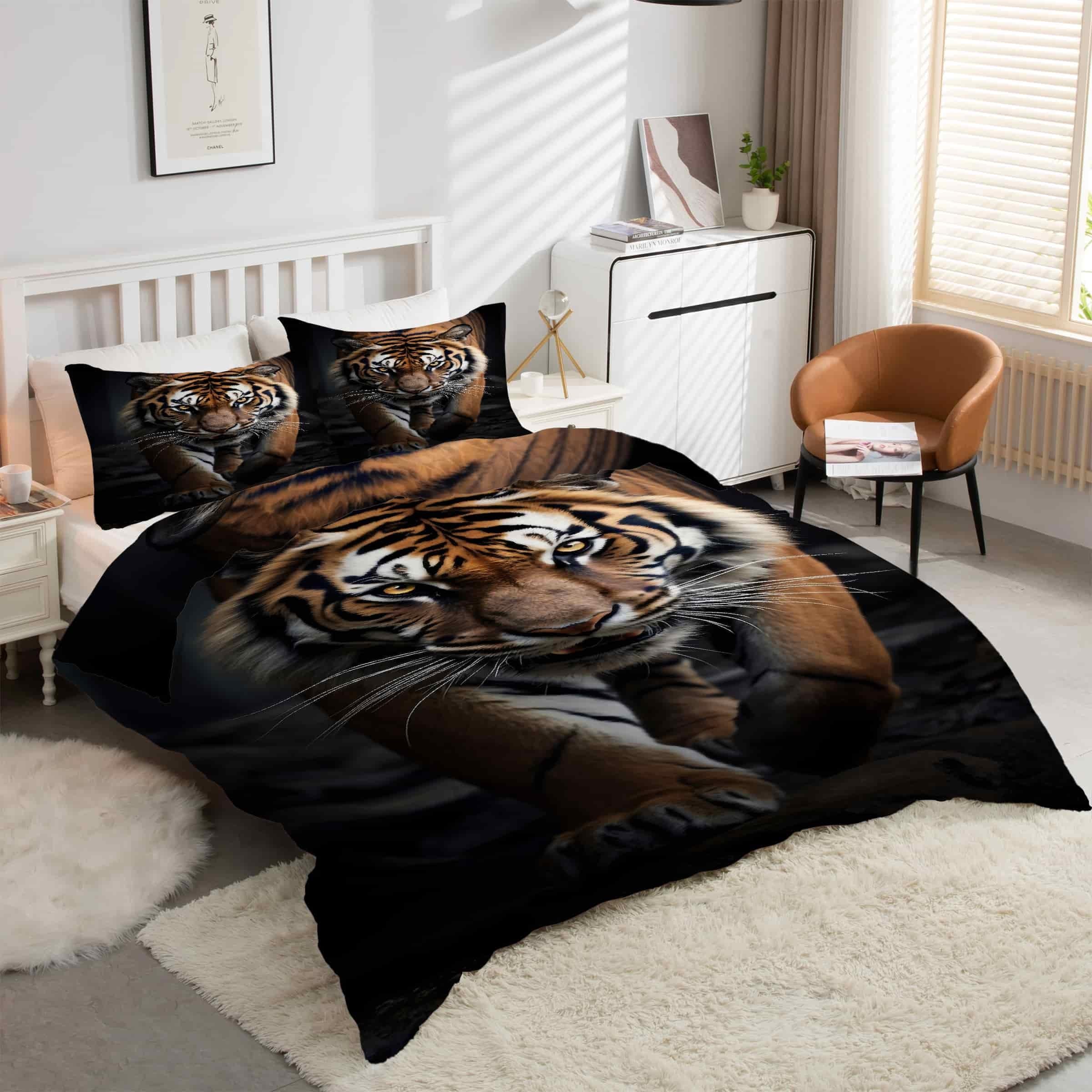 Parure de lit 90x190 animaux tigre housse couette microfibre kK3014 lit 1 personne