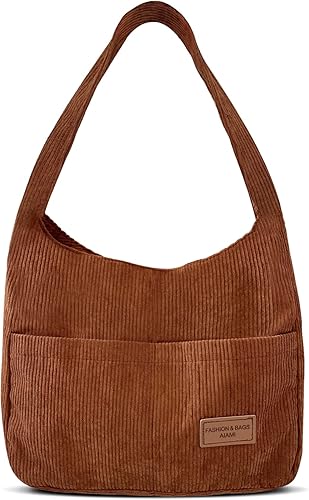 Corduroy Tote Bag for Women,Cute Casual Handbags Shopping Work Bag Shoulder Bag with Pockets