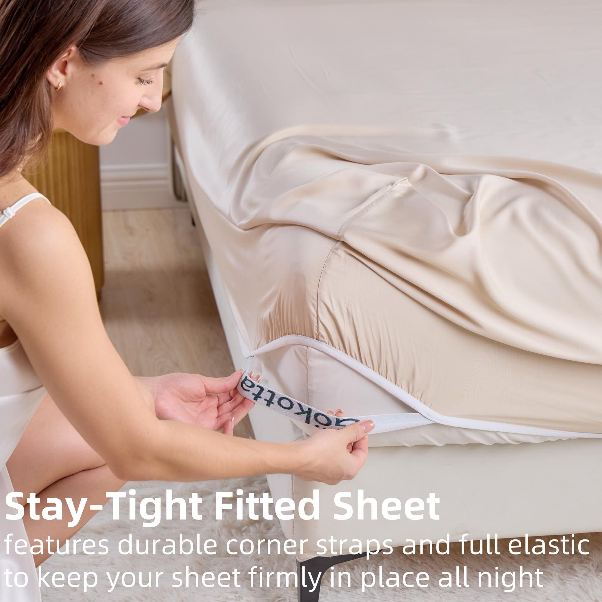 GOKOTTA Spannbettlaken für Queensize-Betten, 100 % Viskose aus Bambus, ultraweich, kühlend und atmungsaktiv, Bettlaken mit 4 elastischen Eckbändern, kein Rutschen, kein Pilling, 40,6 cm tiefe Tasche