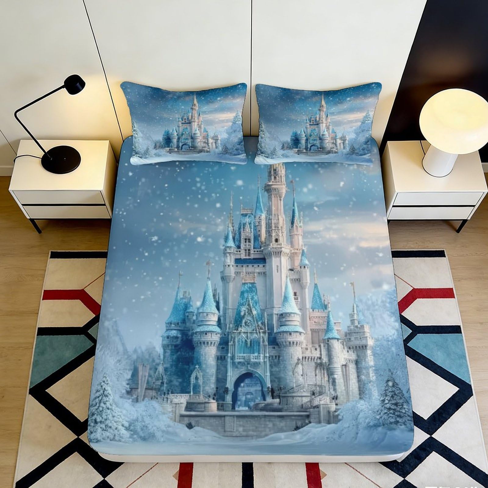 3D Printed Winter Castle Fitted Sheet Microfiber Soft Breathable Snow Scene Bed Cover for Bedroom Dormitory Guest Room Mattress Protection Decor 160x200x25cm