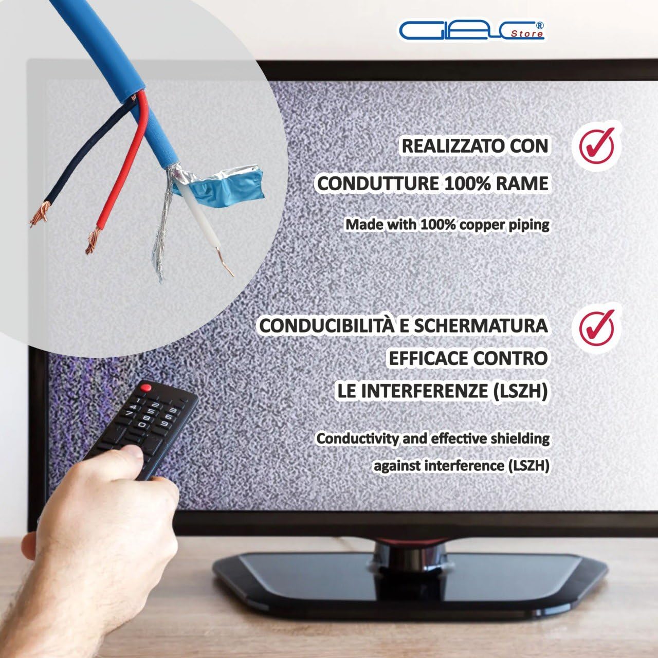 Cavo Coassiale Mini RG59, 100m, Video e Alimentazione Combinato, 75 Ohm, 4K Ultra HD, LSZH Blu