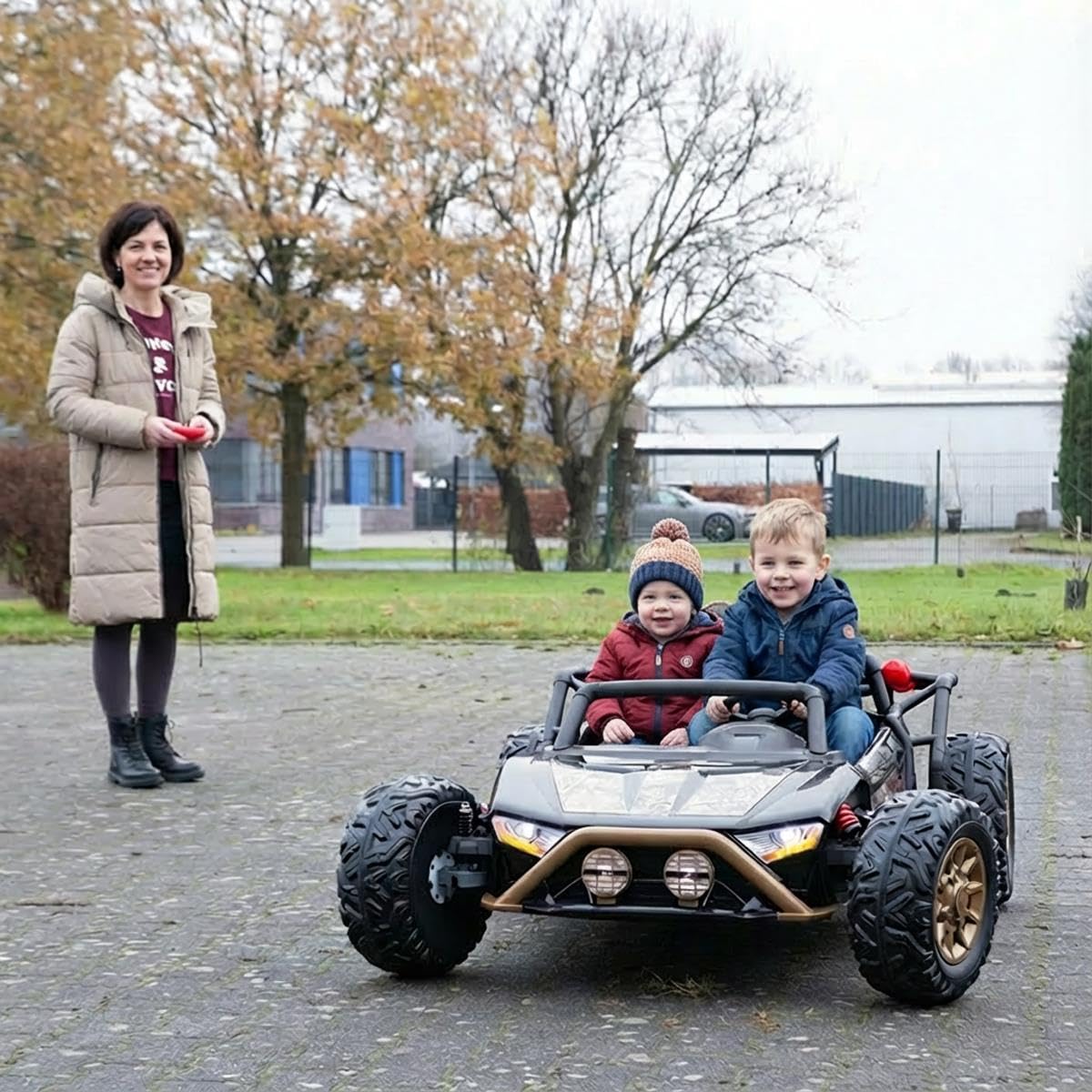 Allpax Elektro Kinderfahrzeug Riesen Buggy 168 cm – 24V Akku, 2×250W Motor, 2-Sitzer, 2,4 GHz Fernbedienung, MP3/USB/Bluetooth, Ledersitz & Eva-Reifen – Camouflage Schwarz
