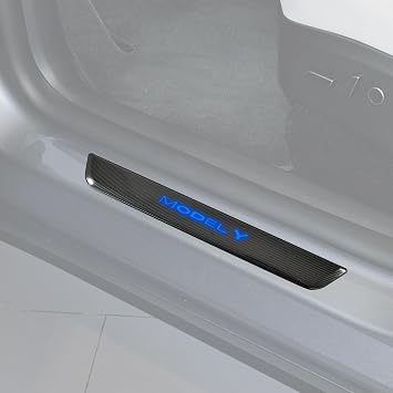 LED Door Sill Protector for Tesla Model Y 2020-2024, Magnetic Welcome Courtesy Pedal Mood Light with 7 Colors, Carbon Fiber Style Scuff Plate, Pedal Pathway Light, 4PCS