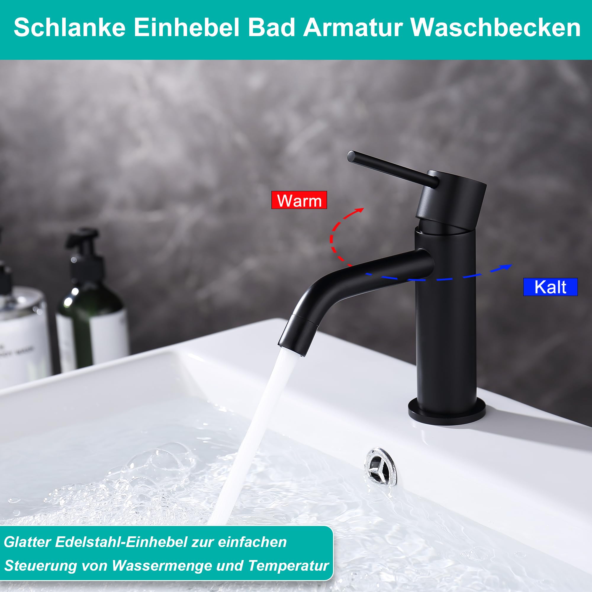 Wasserhahn Bad Schwarz Matt, Einhebel Waschtischarmatur | Auslaufhöhe 65mm Edelstahl Badarmatur mit AnschlussSchlauch, Abdrückfest Abblätterfest Einloch für Garderobe, Wohnwagen & W.C