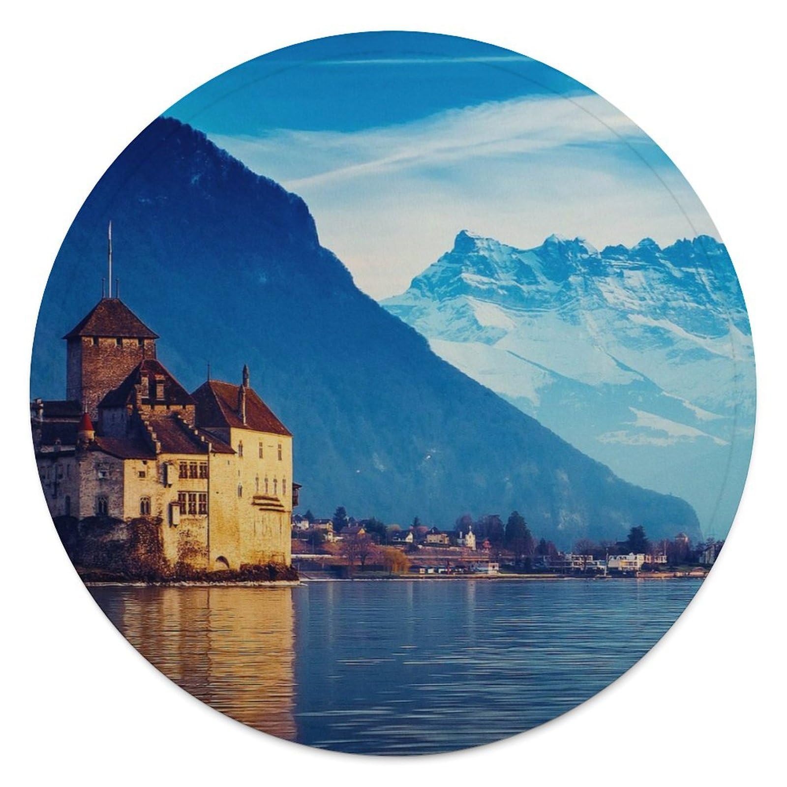 FekiLoot Lake Geneva Switzerland Round Flannel Throw Blanket, 59.1 Inch Diameter Single Sided Printed Fleece Blanket, Multipurpose Foldable Decor Cover for Couch Office Camping Home Furnishing