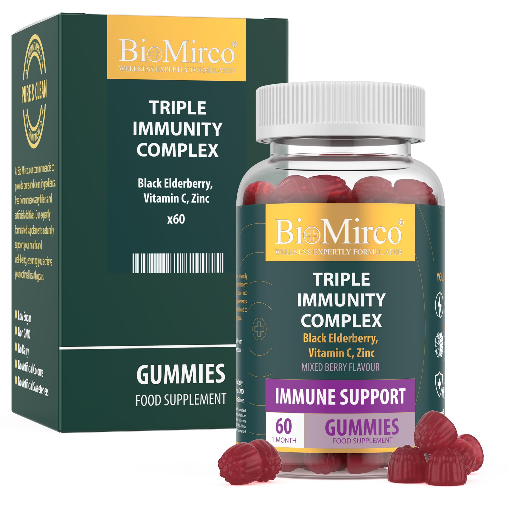 Vitamin C & Zinc Immune System Booster Gummies, Triple Immunity with Black Elderberry, x60,1 Month Supply, Gummies Vitamins for Adults, for Overall Wellness, Alternative to VIT C Powder & Tablets
