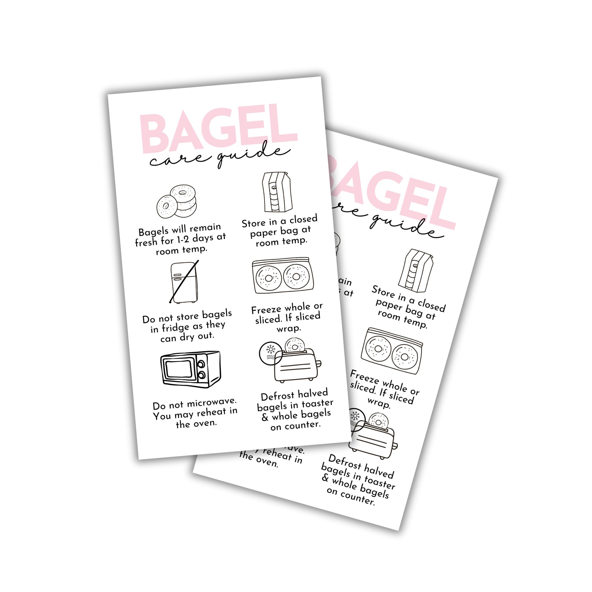 Bagel Care Instruction Cards | 50 pk 2x3.5” Guide Baker Bread Tips Client Baking Storage Container Sourdough Starter Labels Stickers