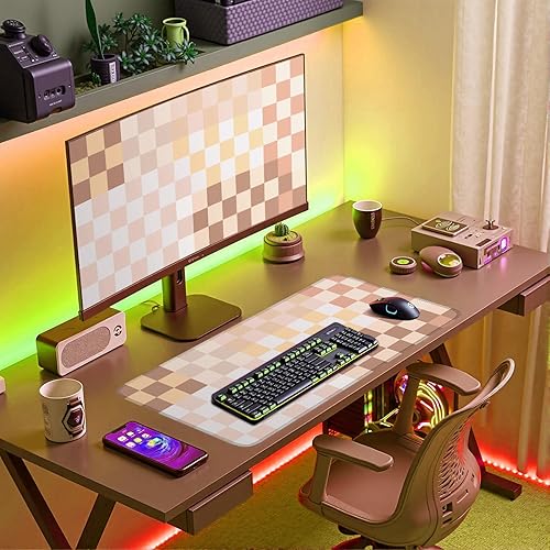 Miniatura 4 de Tapete de escritorio bohemio a cuadros, color beige, XXL, bohemio, retro, grande, con bordes cosidos, alfombrilla de mouse para computadora,