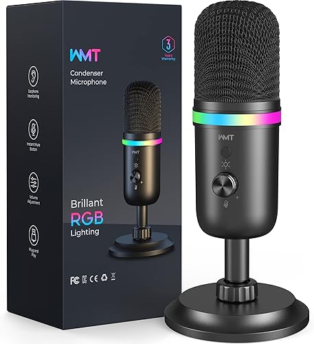Miniatura 1 de WMT Micrófono USB, micrófono de condensador para juegos para PC, MAC, PS4, PS5, teléfono, micrófono cardioide con iluminación RGB brillante, control