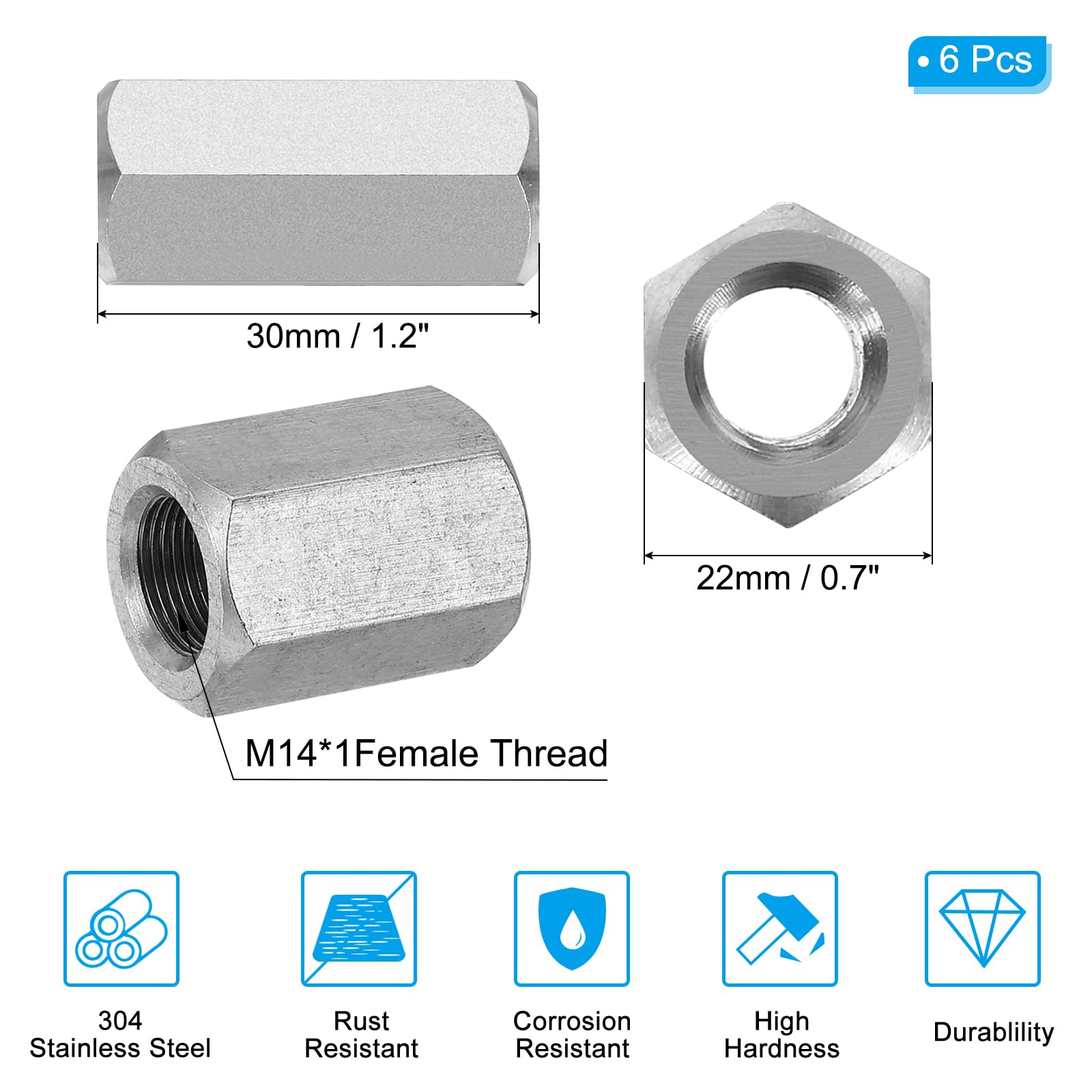 PATIKIL M14 x 1-Pitch 304 Stainless Steel Hex Coupling Nuts - Image 2