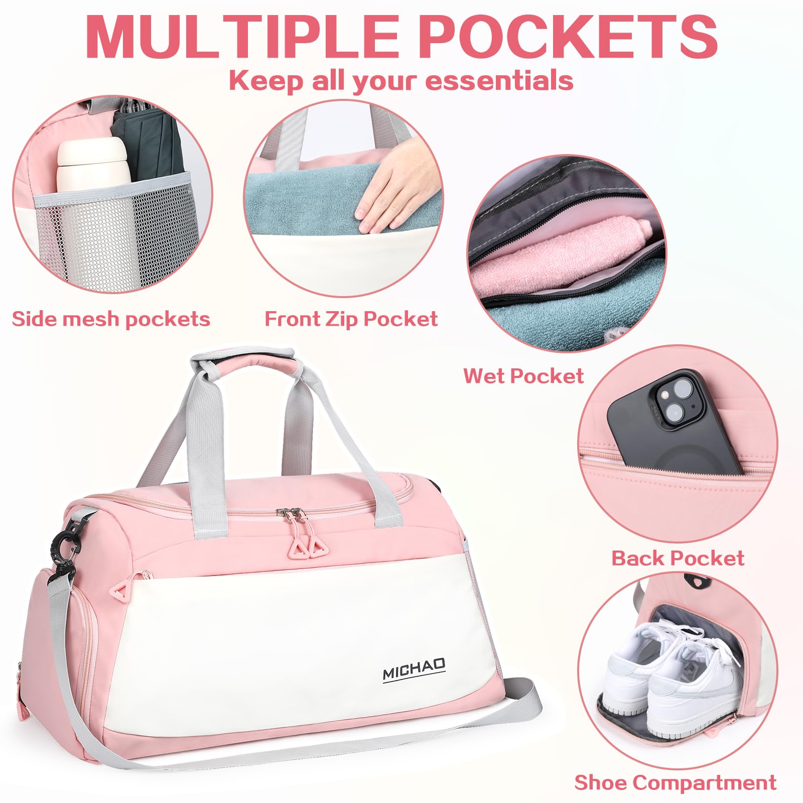 Damcyer Bolsa De Deporte, Bolsa Deporte Mujer para Mujer Grande con Compartimento Zapatos y Compartimento Mojado, Bolsa De Viaje Mochila Gimnasio, Blanco+Rosa — view 5