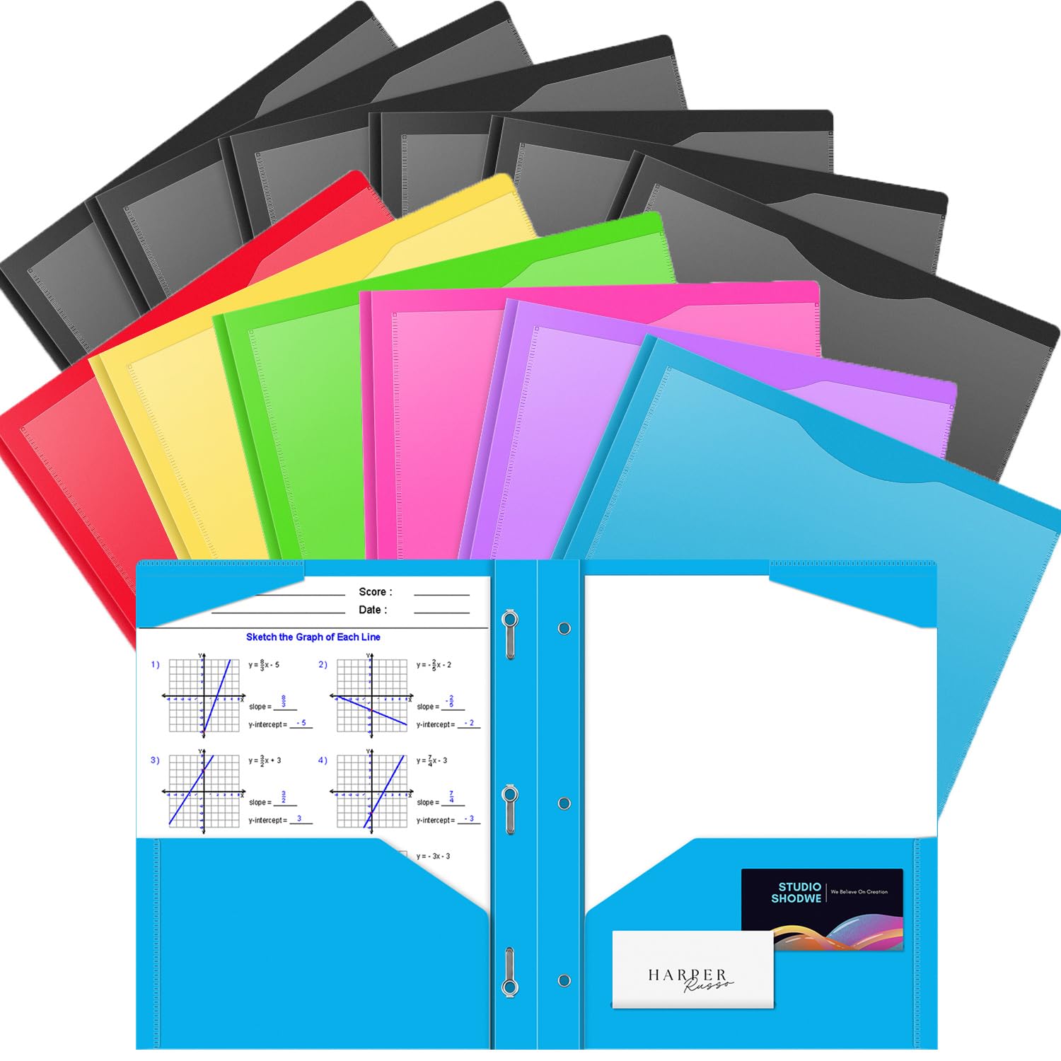 OTCRAFT 12 Pack A4 Pocket Plastic Folder 2 Pockets and 3 Prongs 2 Card Slots, Durable, Tear-Resistant Heavy Duty Pocket Folders with Prongs, Colored Prong Folders for Schoolwork & Officer