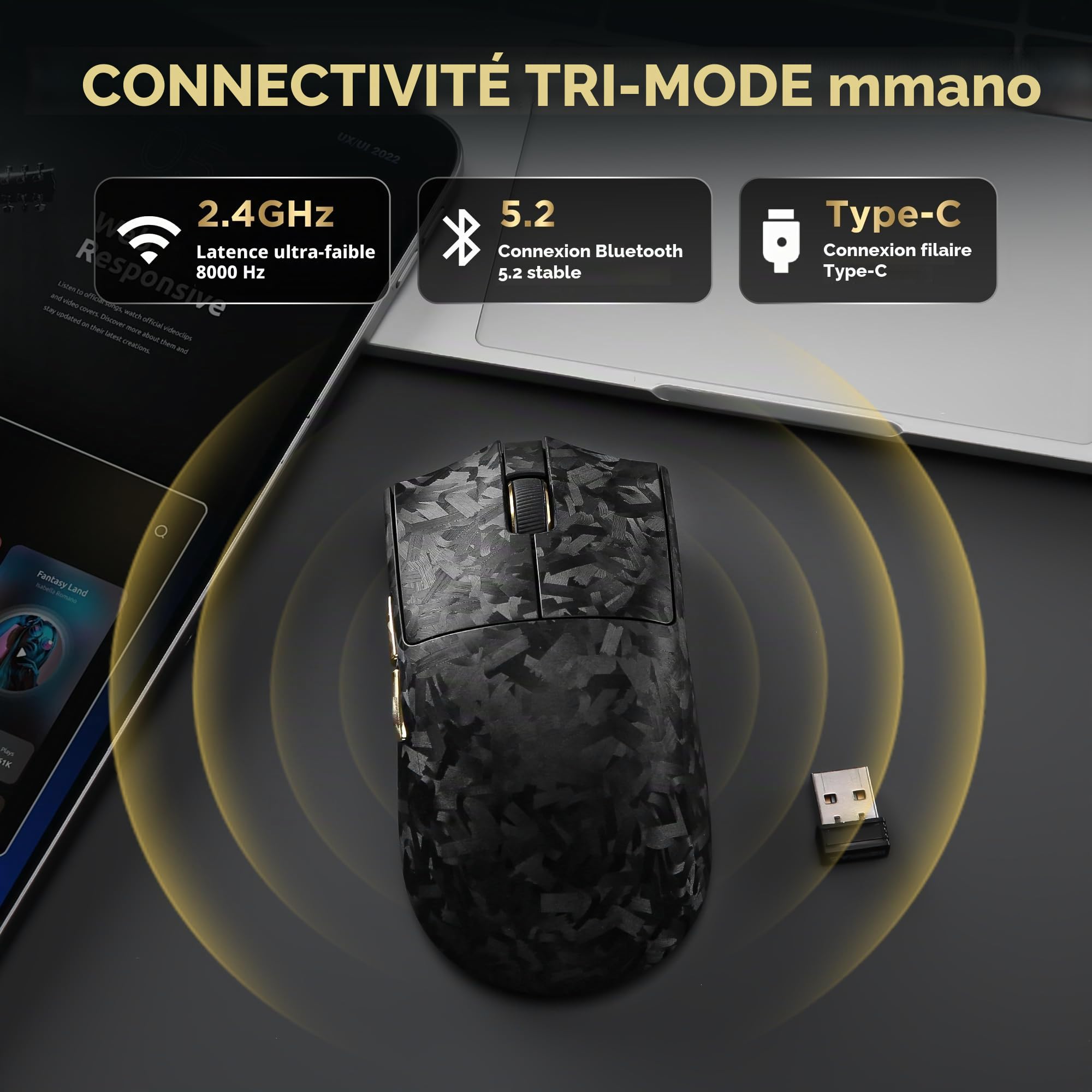 YUNZII M2 Souris Gamer sans Fil Dual 8K PAW3395, DPI 6 Niveaux (Noir)