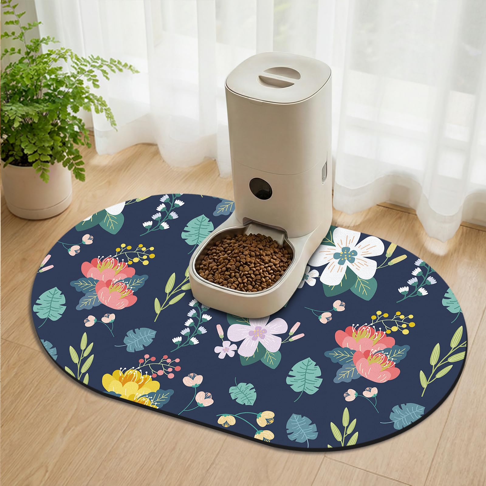 METEOROCK Absorbent Dog Food Mat, 71x43 cm Non Slip Cat Feeding Mat, Anti-Scratch Cat & Dog Food Mats for Floors, Large Feeding Mats Designed for Multiple Pets Families, Dark Blue Floral