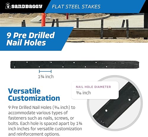 Miniatura 7 de Sandbaggy Estacas planas de acero para formas de hormigón con agujeros para clavos, 1.5 pulgadas de ancho, pintadas, extraíbles, reutilizables,