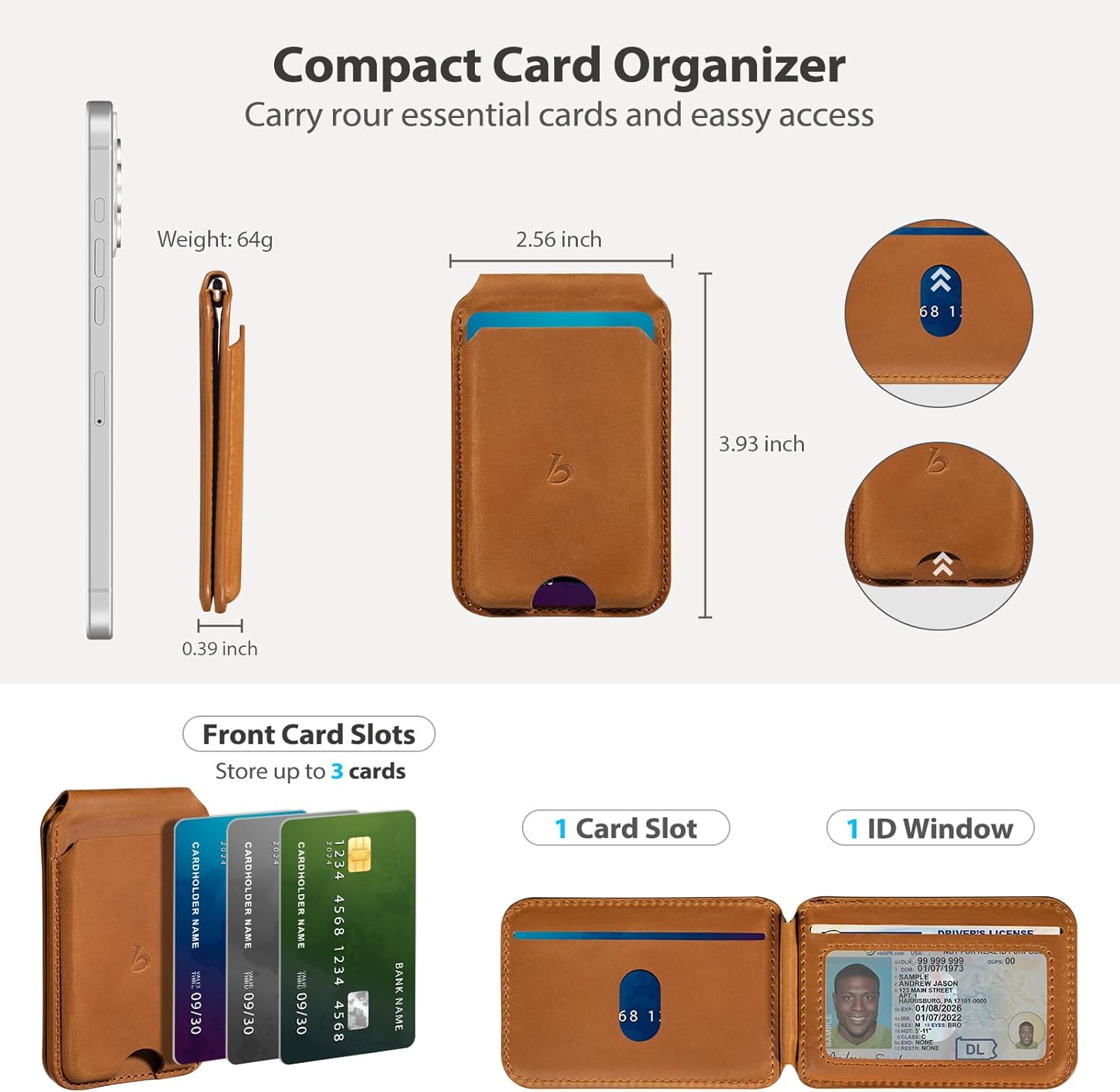 Belemay Strong Magnetic Wallet for MagSafe with Adjustable Stand, Crazy Horse Leather Card Holder, Up to 5 Cards, RFID Blocking, Slim for iPhone 17/16/15/14/13/12 Series Men & Women - Sunset Tan
