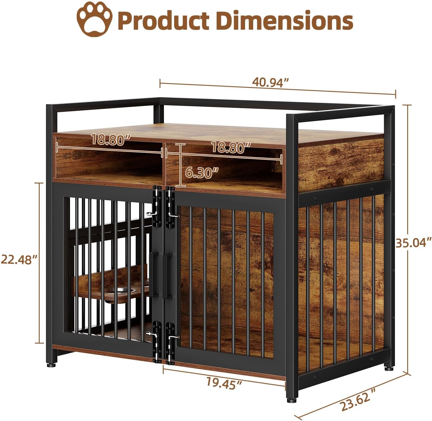 41" Wooden Dog Crate Furniture for Large Dogs, Heavy Duty Dogs Kennel Furniture with 2 Drawers Storage, 360° Adjustable Raised Feeder Bowls, Decorative Dog Kennel End Table