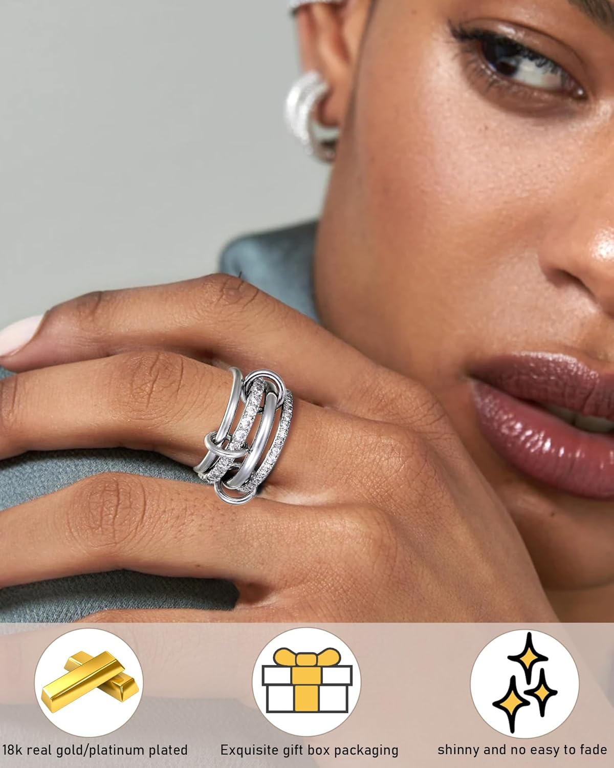 TLY Gold Silver Stackable Rings for Women Mixed Metal Interlocked Statement Ring Stack 14K Gold Plated Cubic Zirconia Fashion Two Tone Connected Bands Size 4-11 Valentines Day Jewelry gifts - Image 3