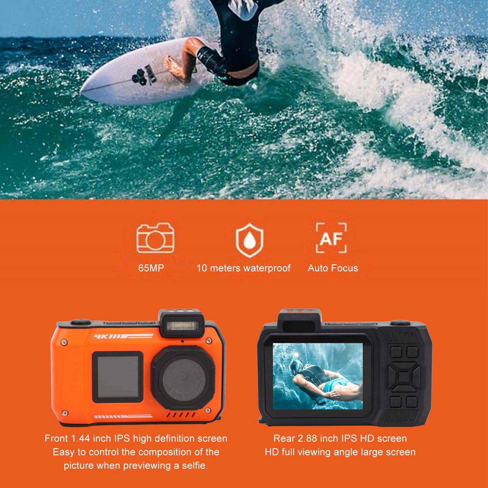 Fotocamera Subacquea 4K 65MP, Zoom Ottico 18x con Messa a Fuoco Automatica, Doppio Schermo, 2500mAh, Fotocamera Impermeabile 33FT, per lo Snorkeling (ORANGE)