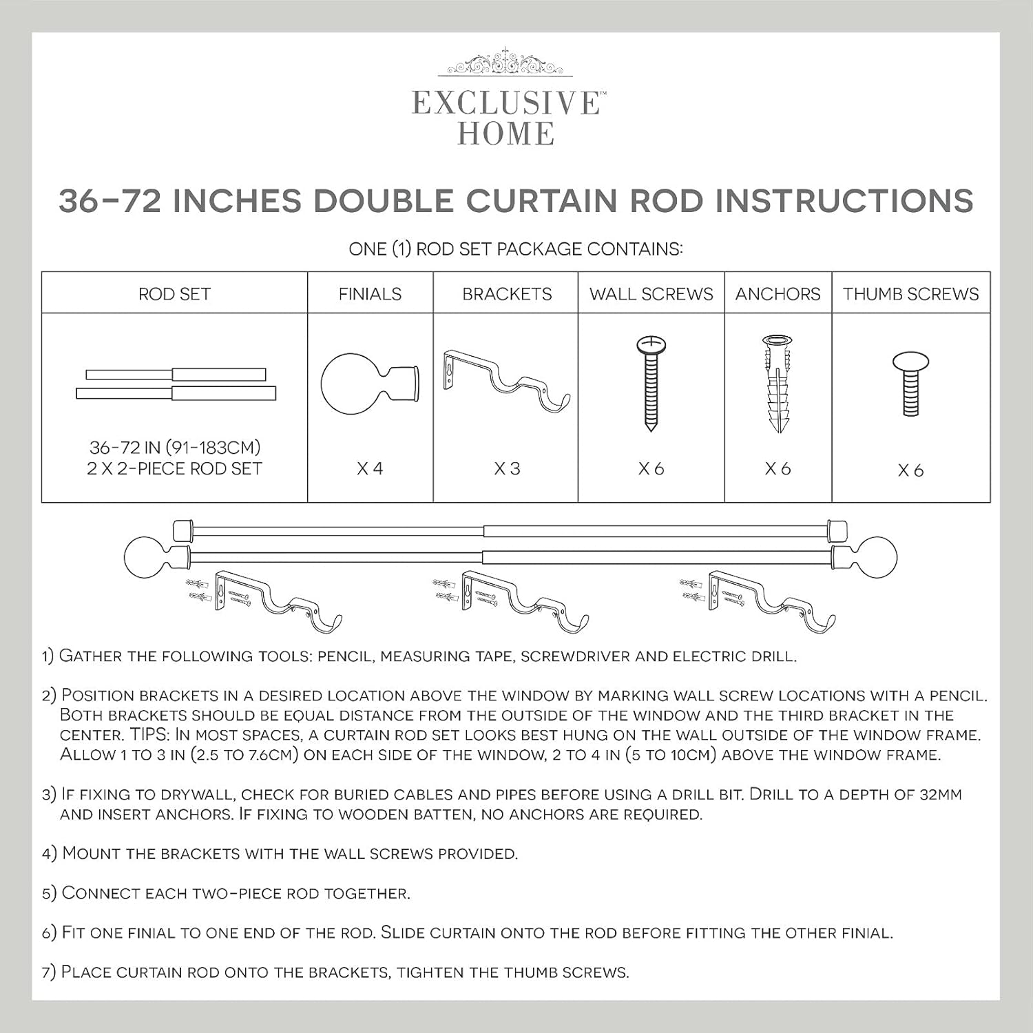 Exclusive Home Topper Double Curtain Rod and Finial Set, Oil Rubbed Bronze, 36"-72"